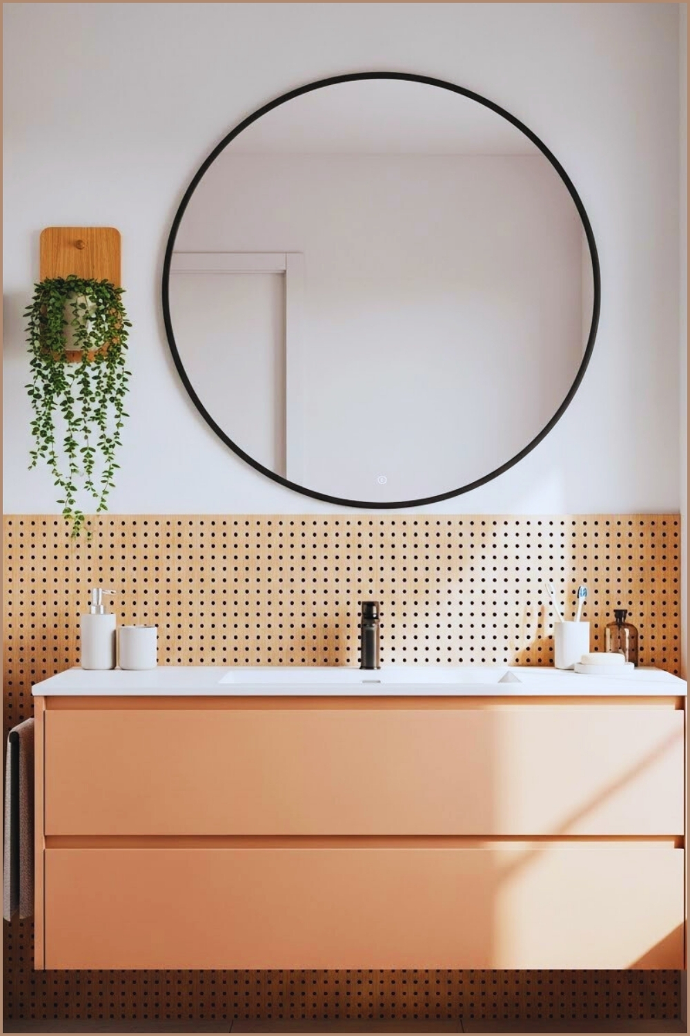 Bathroom Vanity With Pegboard Backsplash Wall