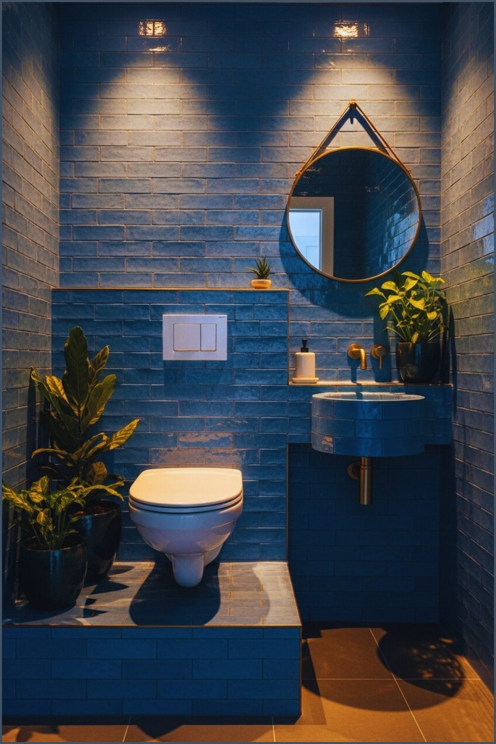 Bathroom With All-blue Brick Tile Walls, Built-in Step Platform