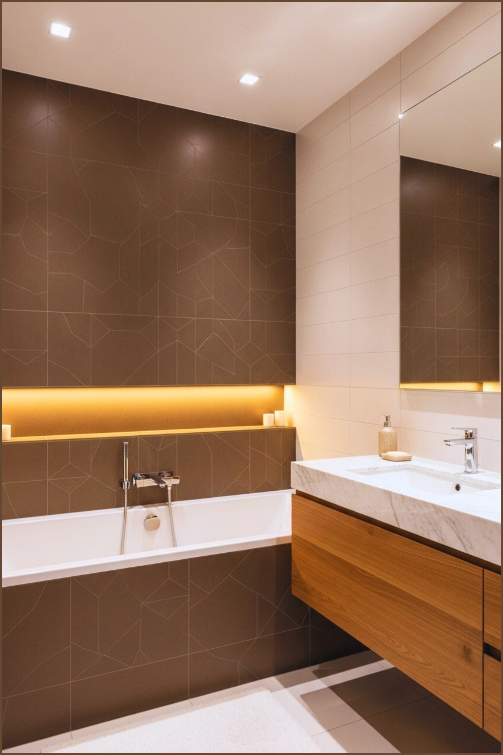 Bathroom With Geometric Brown Wall Tiles, Built-in White Bathtub