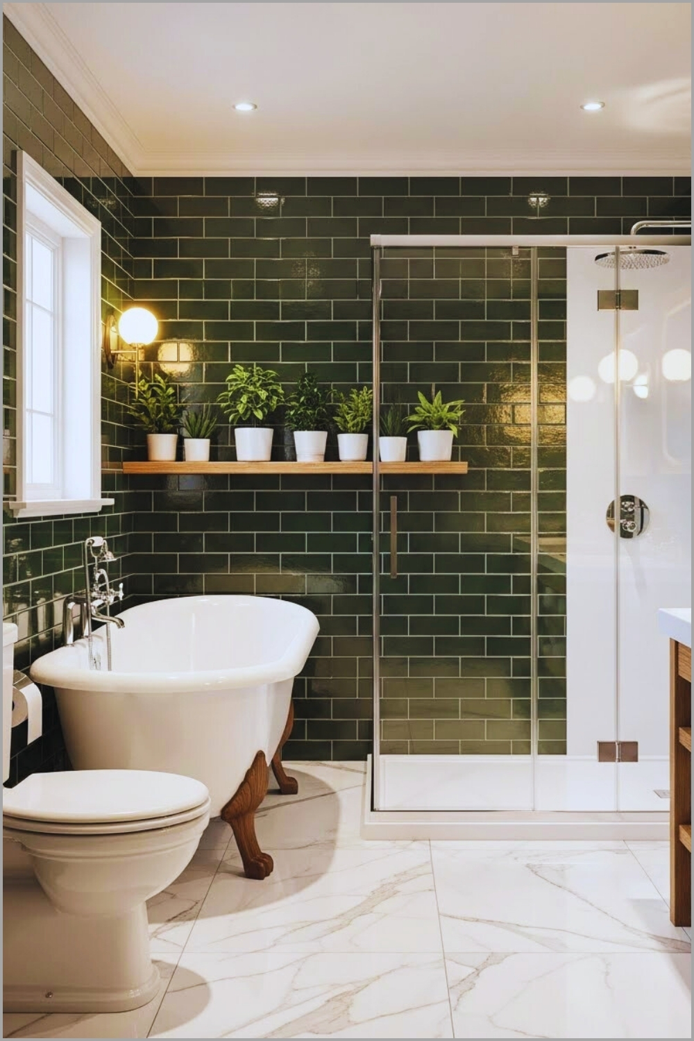 Bathroom With Glossy Forest-green Subway Tile Walls