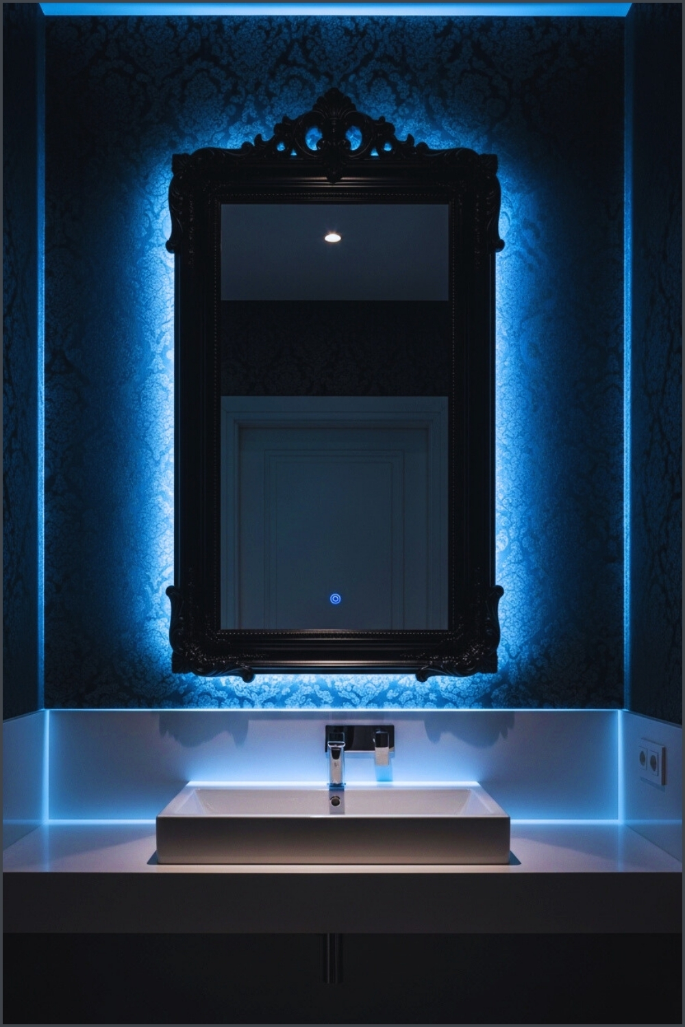 Bathroom With Ornate Black Framed Mirror Glowing Blue Led Lighting