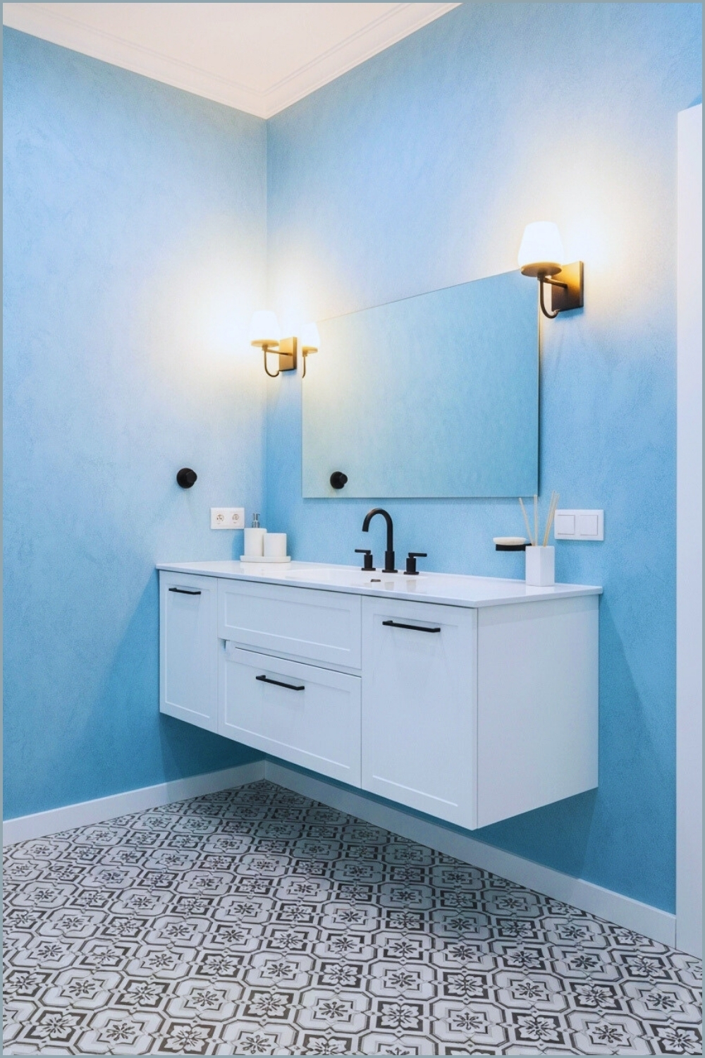 Bathroom With Soft Sky-blue Textured Walls, White Vanity With Black Fixtures