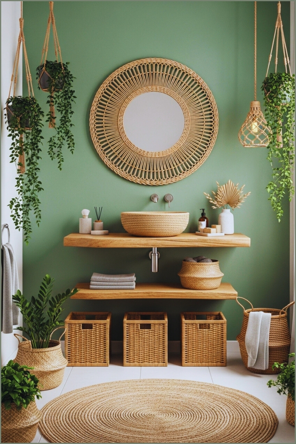 Beautiful Boho Bathroom With Sage Green Accent Wall