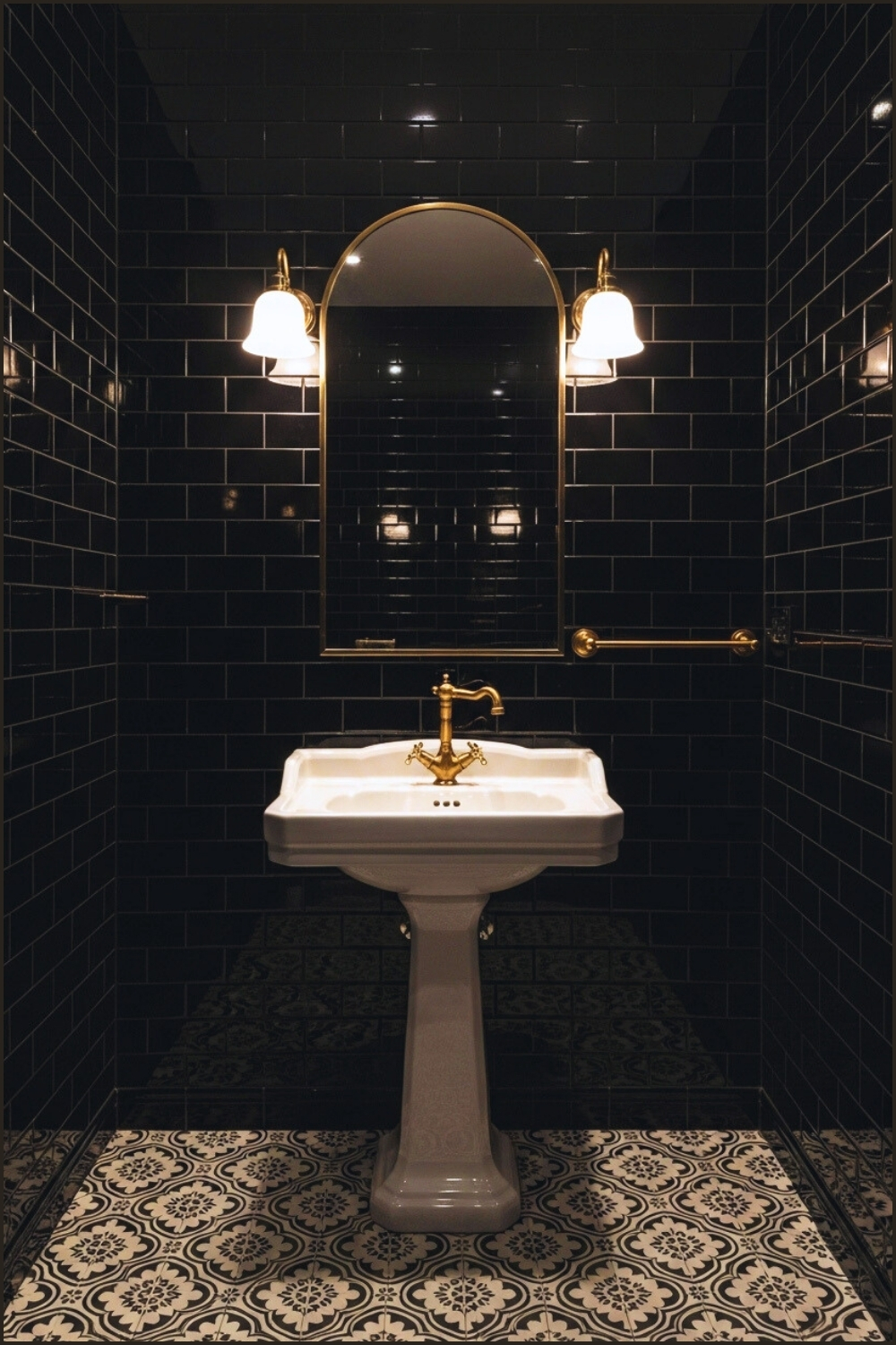 Black Vintage Bathroom, Glossy Black Subway Tiles, White Pedestal