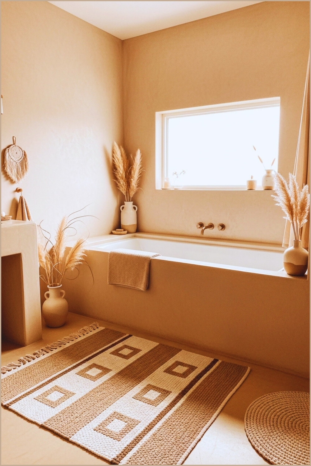 Bohemian Bathroom Interior, Neutral Beige Tones, Woven Rug