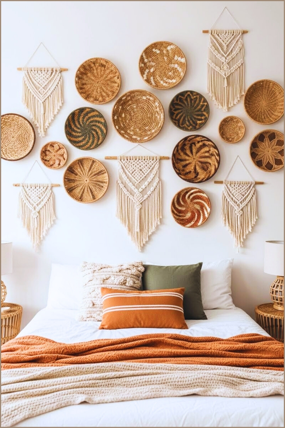 Bohemian Bedroom Gallery Wall With Woven Baskets