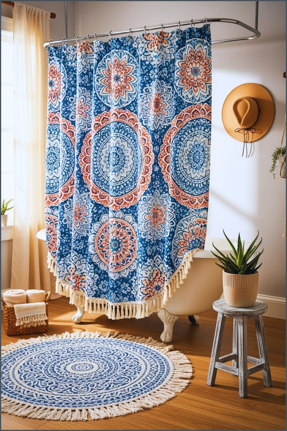Boho Bathroom, Clawfoot Tub With Ornate Blue Patterned Shower Curtain
