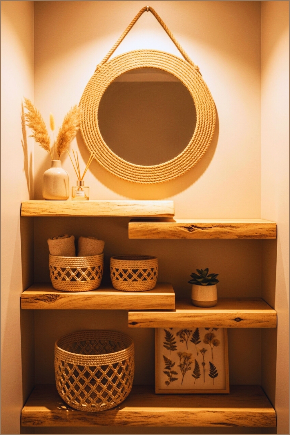 Boho Bathroom Shelf Nook, Rope-wrapped Mirror, Warm Wooden Shelves
