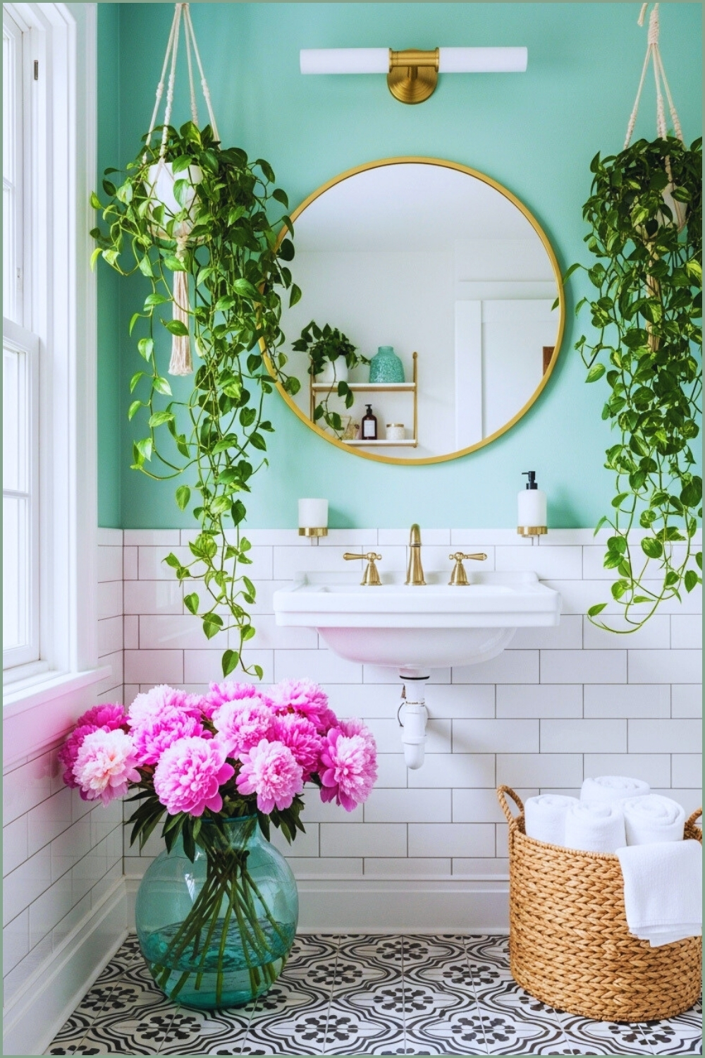 Boho Chic Bathroom Mint Green Accent Wall Round Gold-framed Mirror (1)