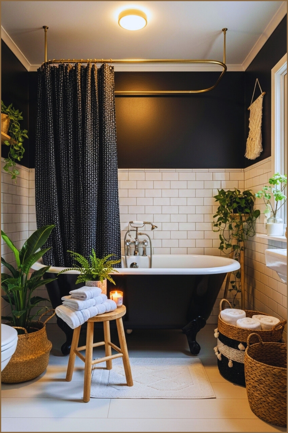 Boho Modern Bathroom, Black Clawfoot Tub, Patterned Black Textile Shower Curtain