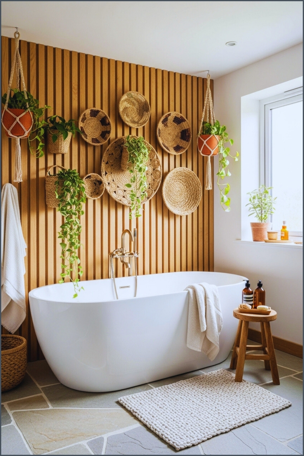 Boho Organic Bathroom, White Freestanding Tub, Rustic Wood