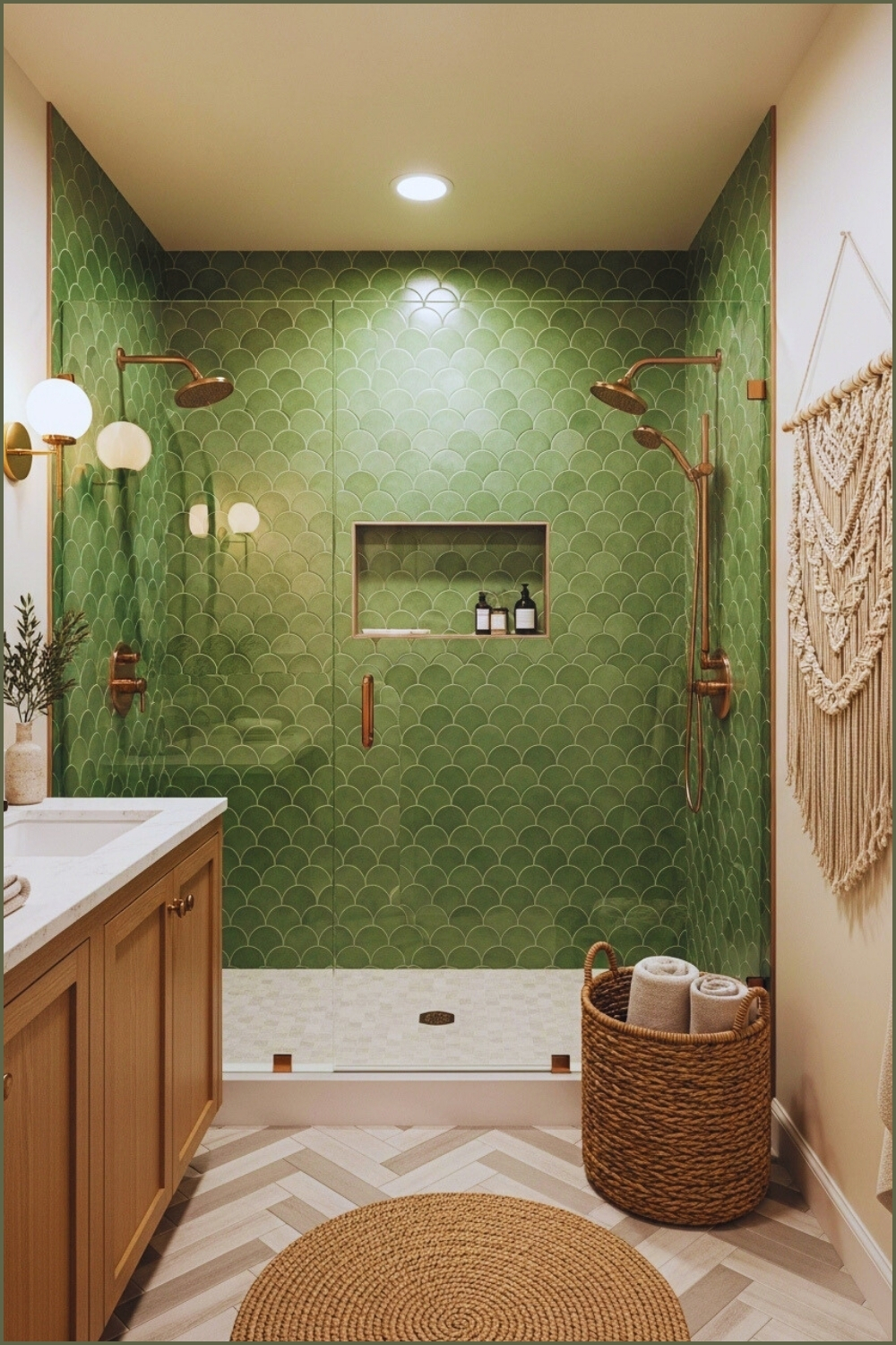 Boho-modern Neutral Bathroom With Green Scallop Tile Shower