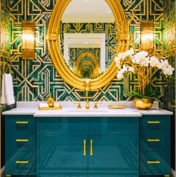 Bold Art Deco Bathroom With Emerald Green And Gold Geometric