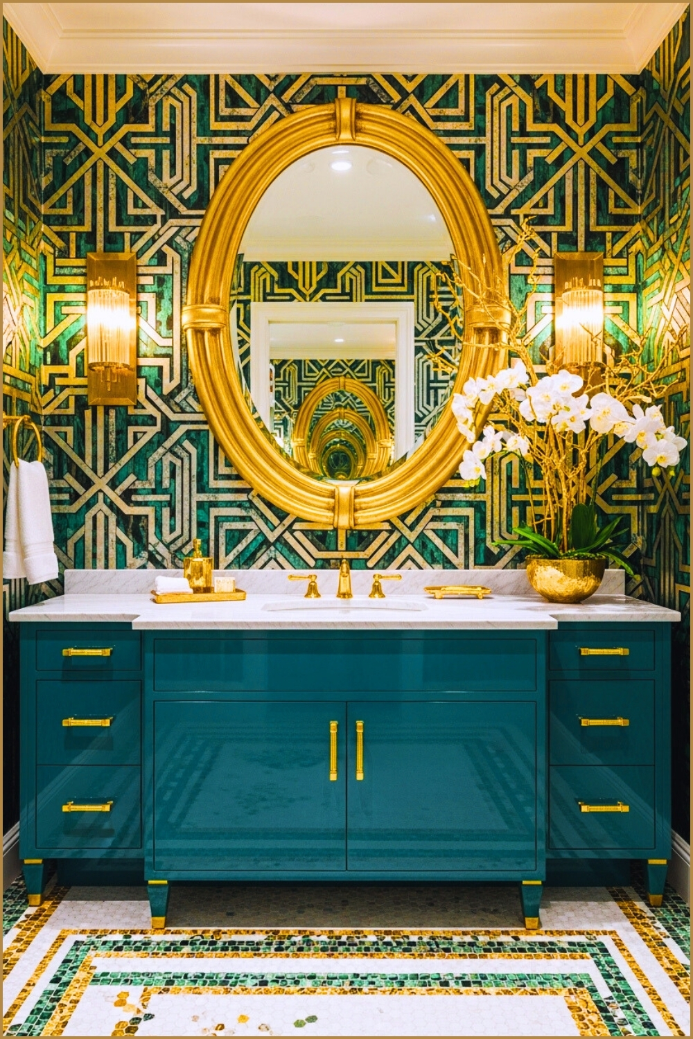 Bold Art Deco Bathroom With Emerald Green And Gold Geometric