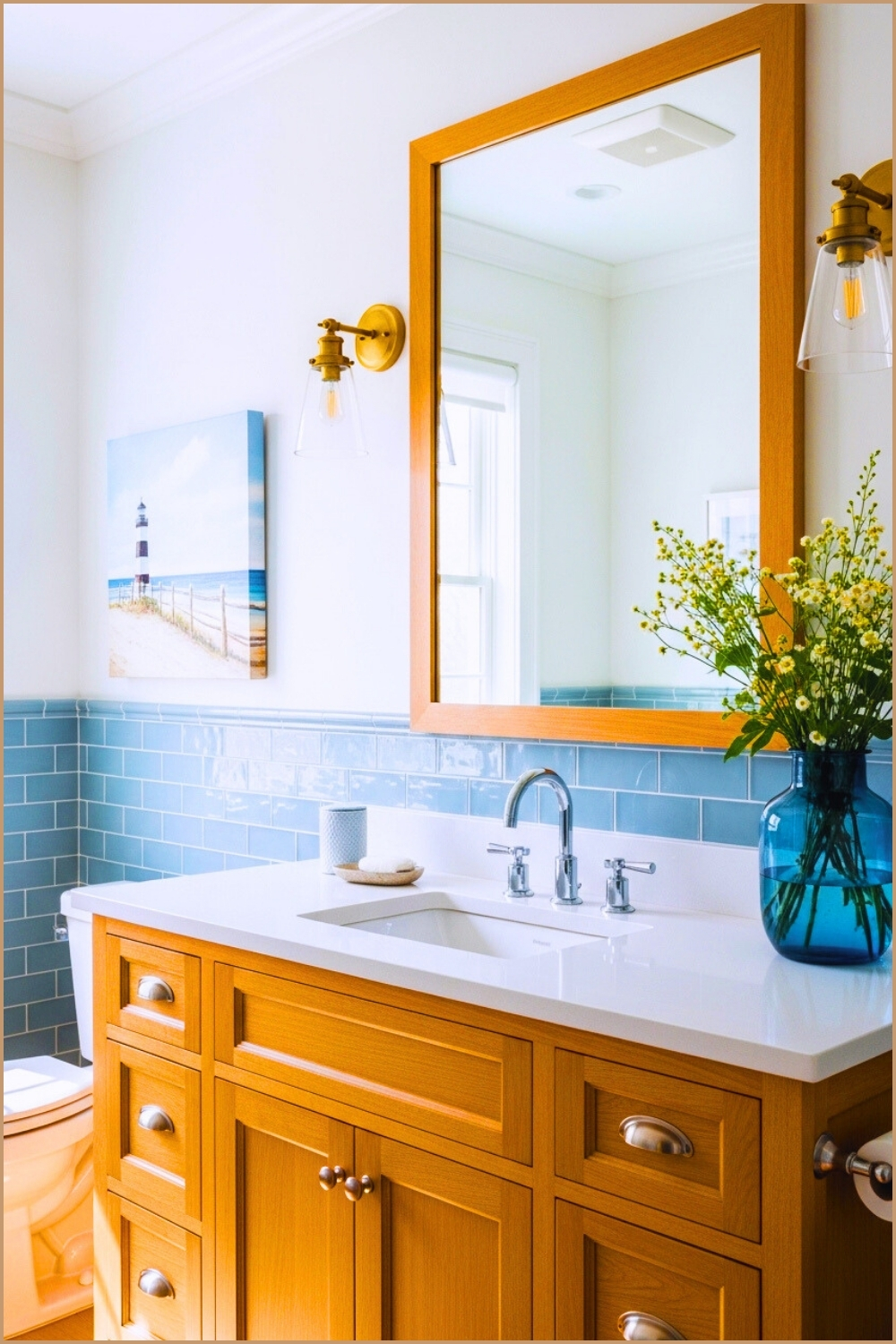 Coastal Inspired Bathroom With Light Wood Vanity And White Countertop