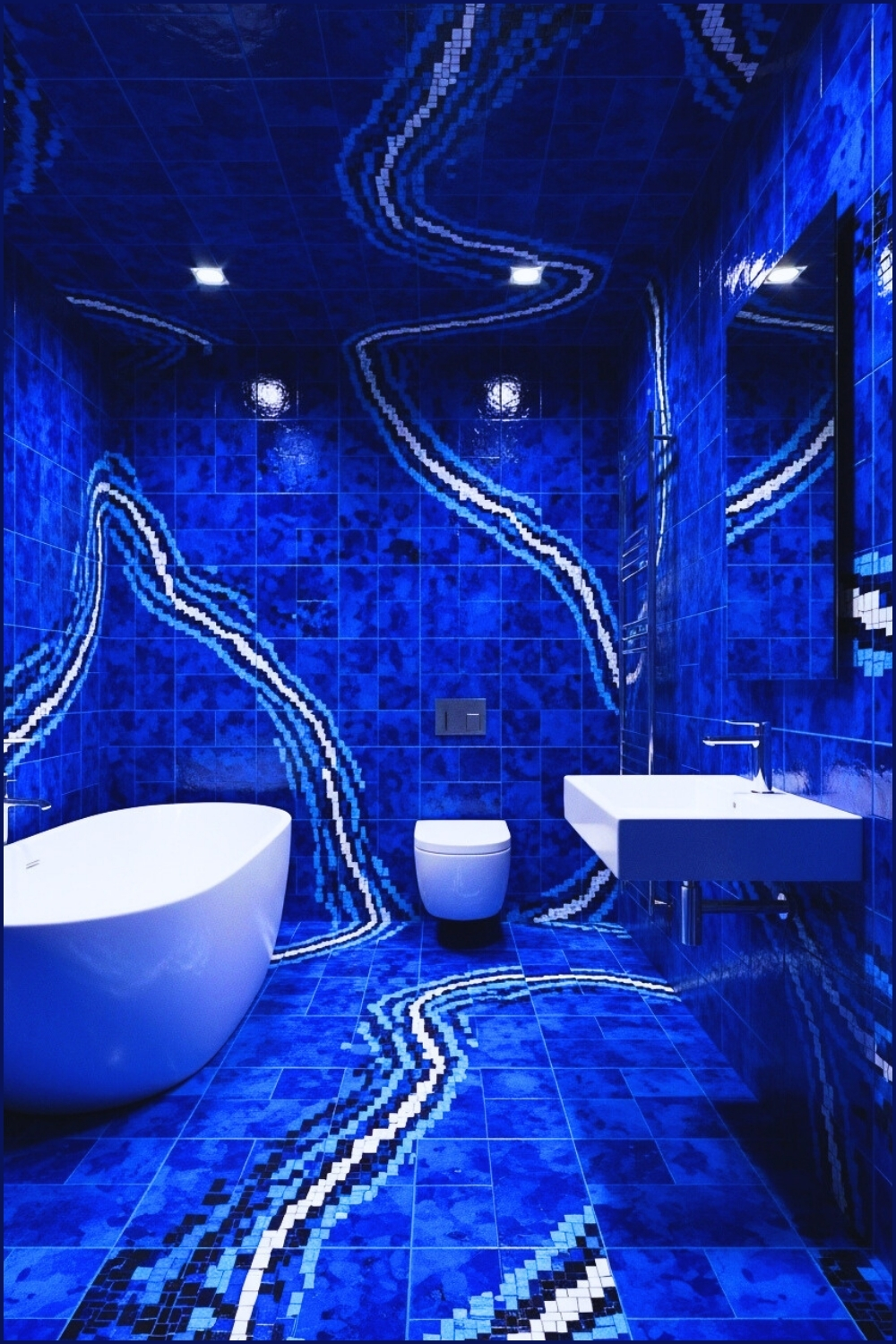 Bold Bathroom Covered In Blue Painterly Mosaic Tiles From Floor