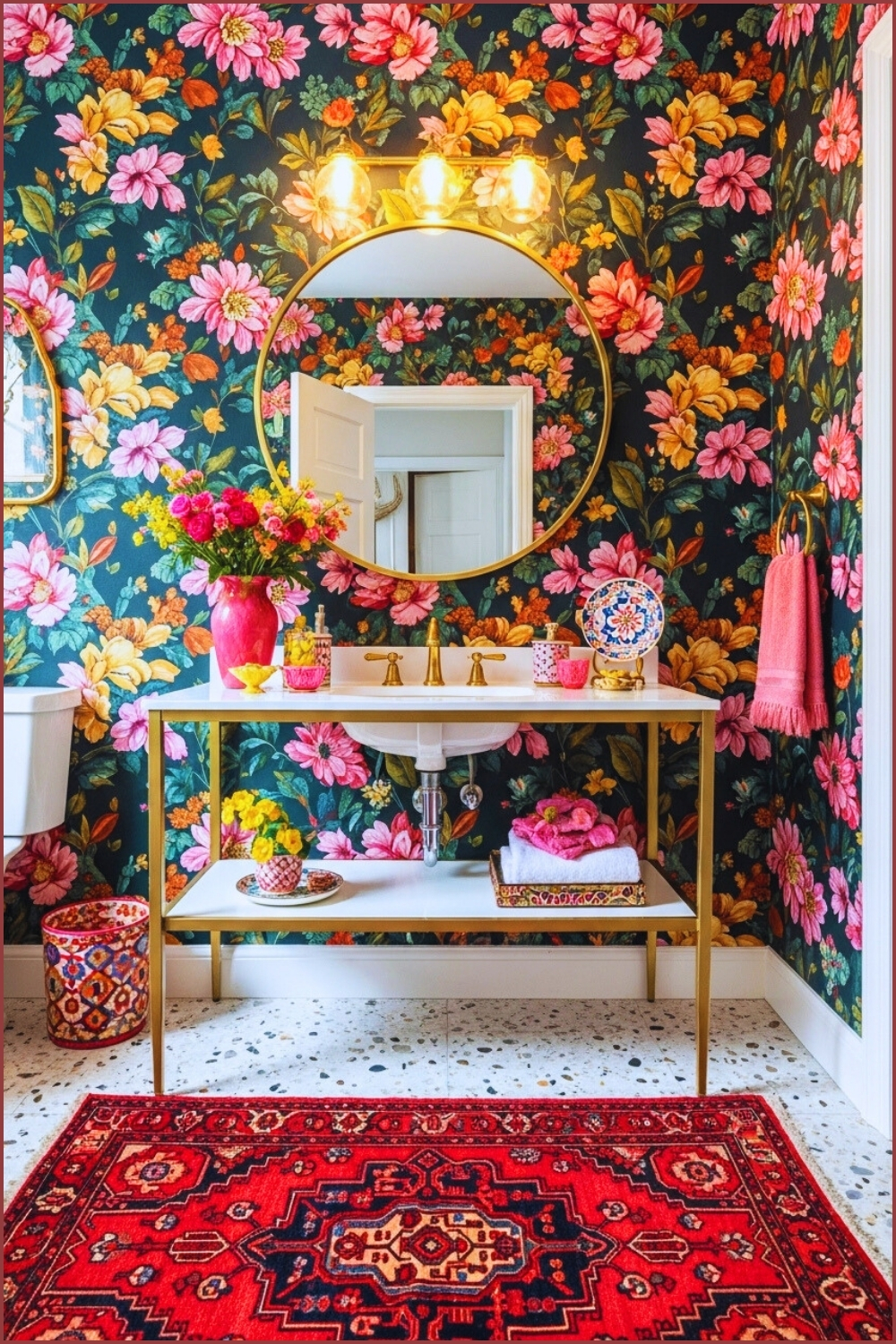 Bold Boho Bathroom, Dark Teal Floral Wallpaper With Large Vibrant Flowers