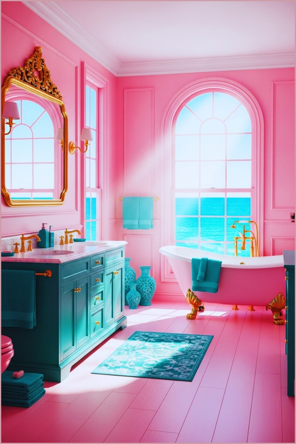 Bold Coastal Bathroom With Bright Pink Walls And Floors