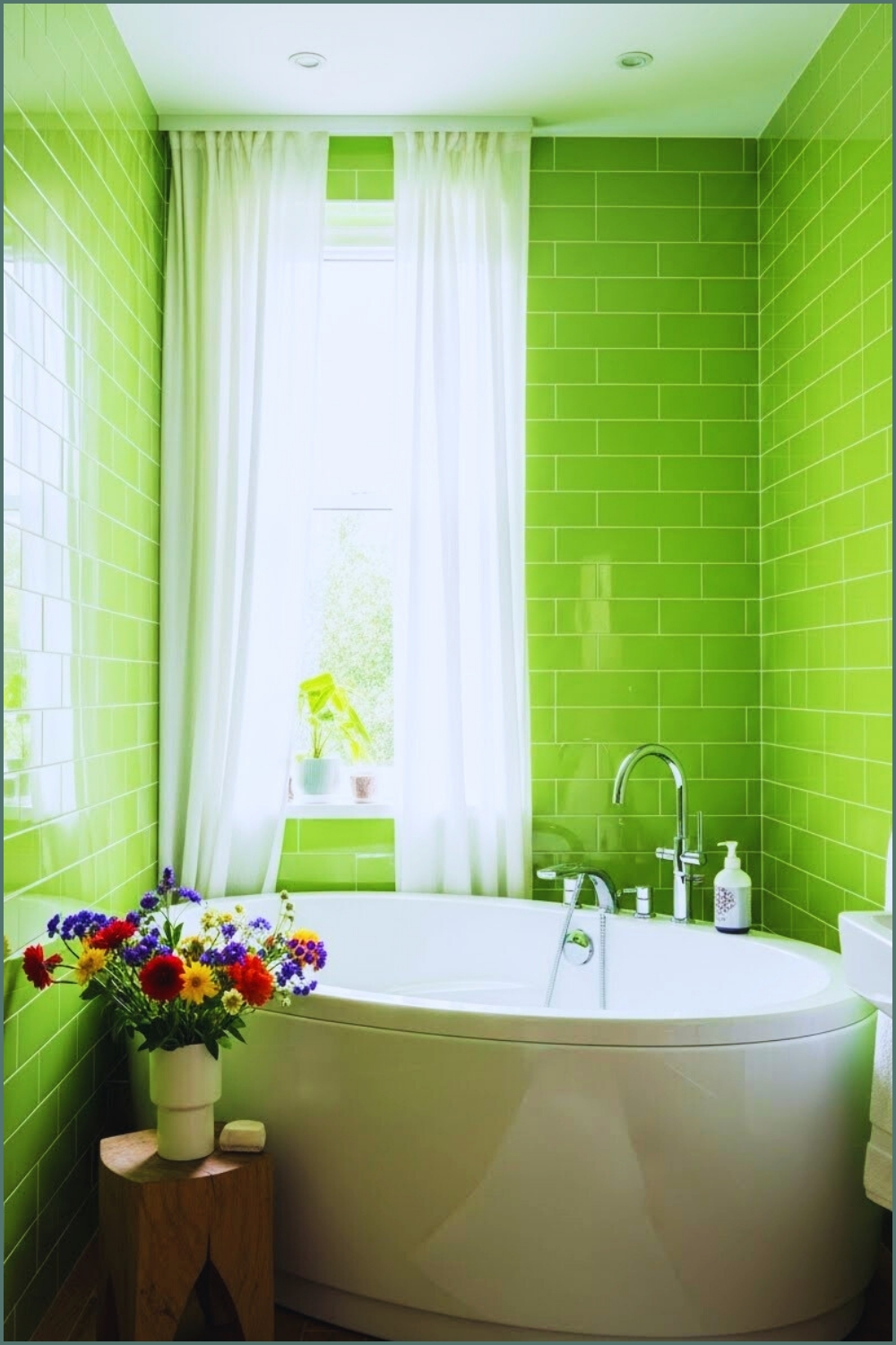 Bold Lime Green Bathroom With Glossy Green Subway Tiles