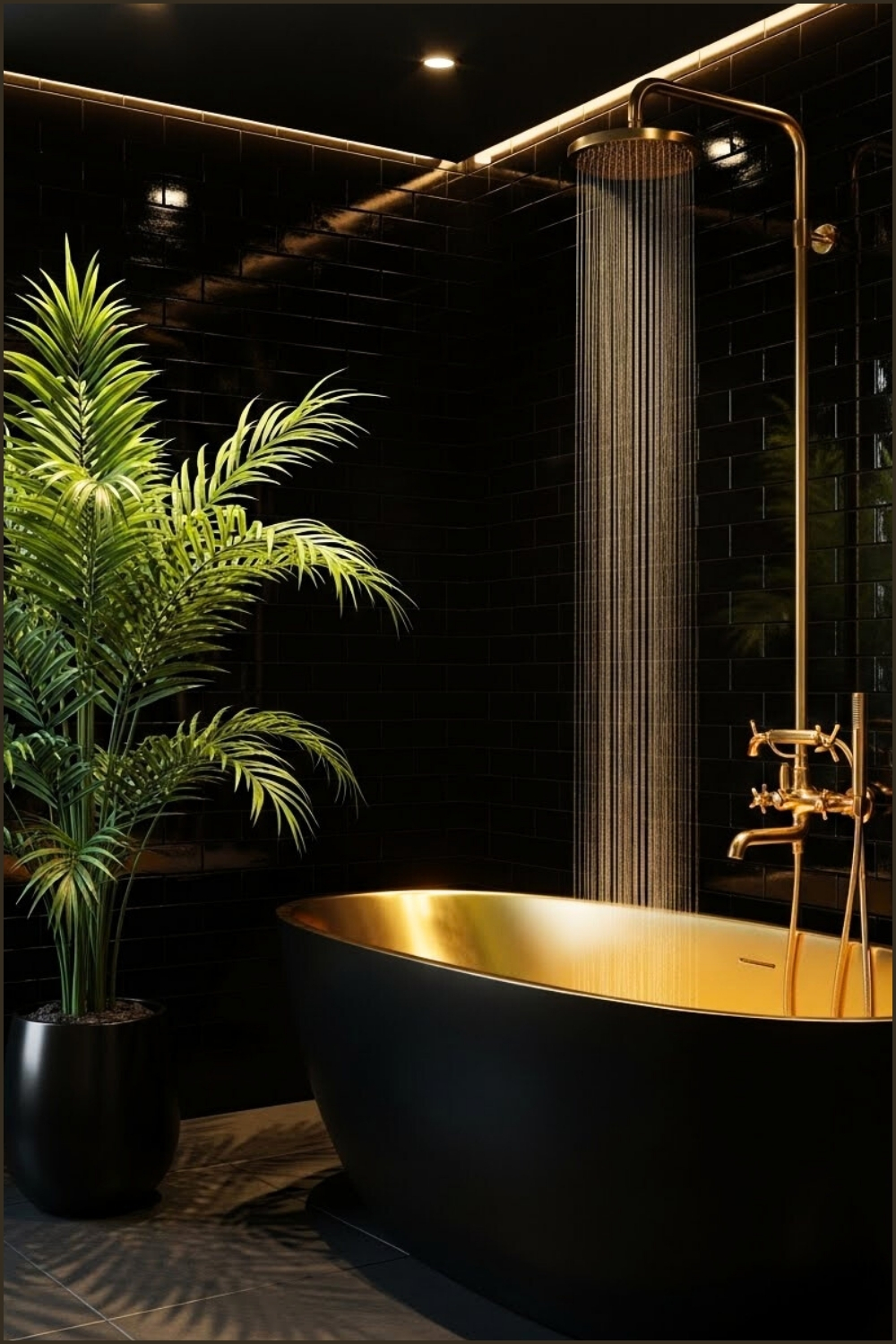 Bold Luxury Bathroom With A Matte-black Tub Featuring