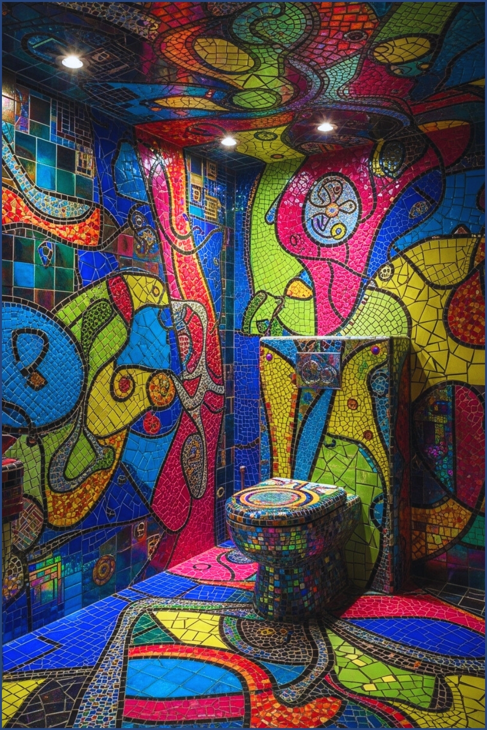 Bold Maximalist Bathroom Fully Covered In Abstract Mosaic Tiles