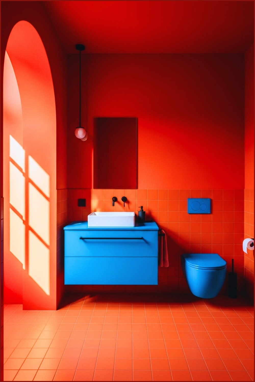 Bold Modern Bathroom, Terracotta Walls With Bright Blue Vanity