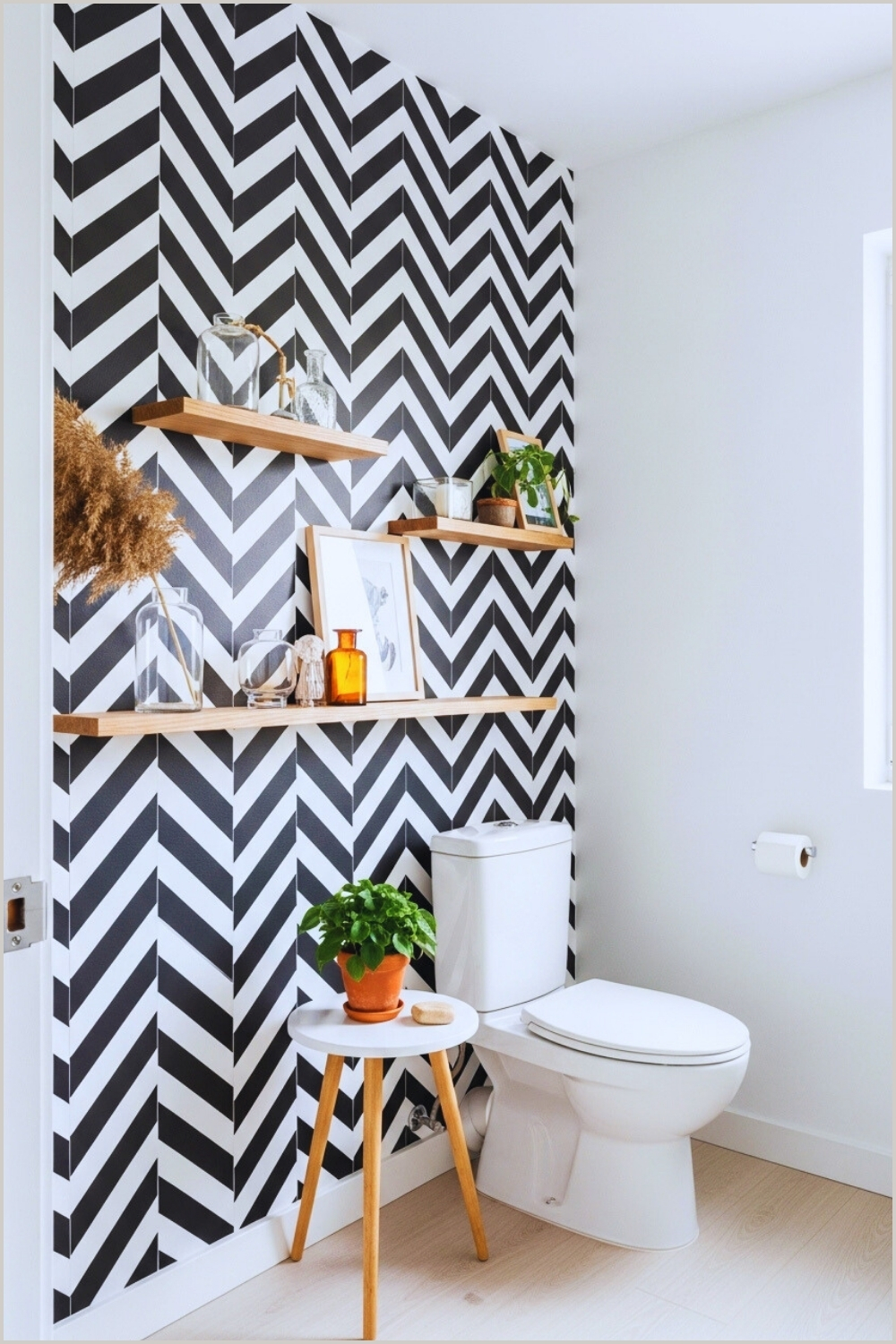 Bold Modern Bathroom With Black-and-white Chevron Wallpaper