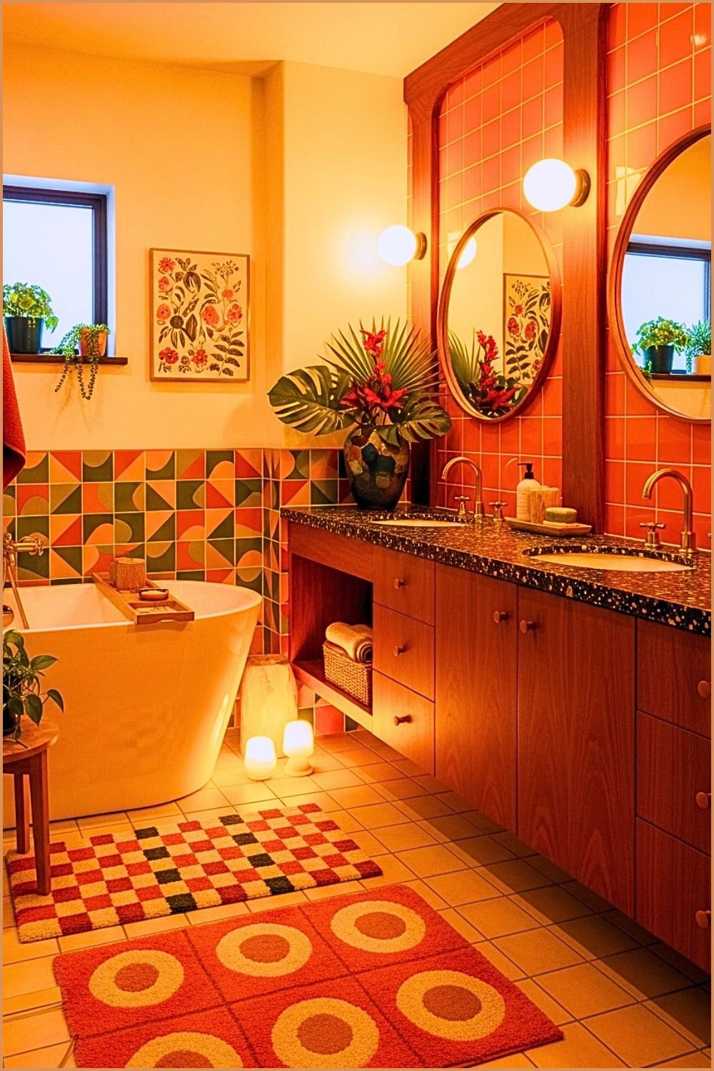 Bold Retro Modern Bathroom Interior With Bright Glossy Orange
