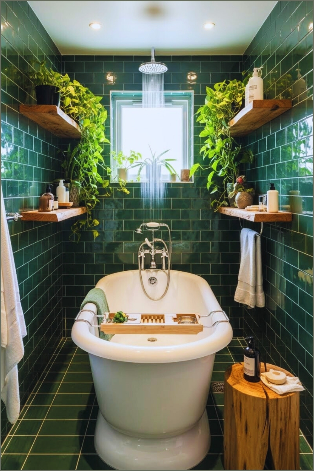 Botanical Bathroom With Glossy Deep Green Tiles