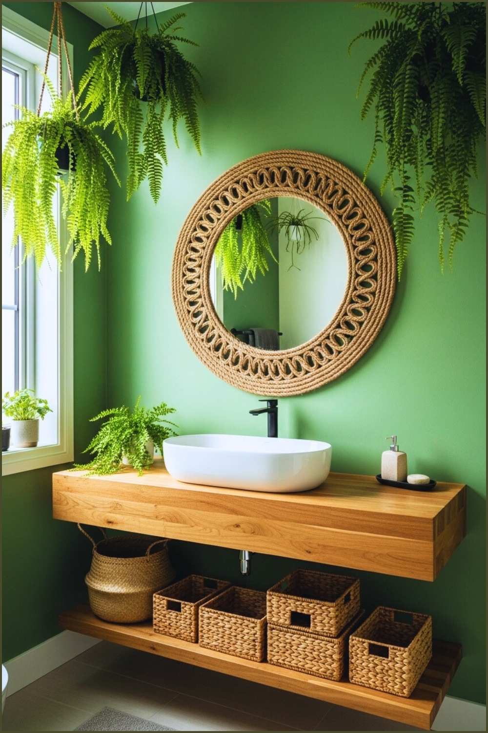 Botanical Bathroom With Vibrant Green Walls, Round Woven Rope Mirror