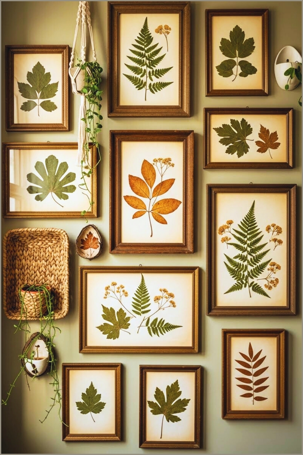 Botanical Themed Gallery Wall With Pressed Leaf Art Vintage Frames