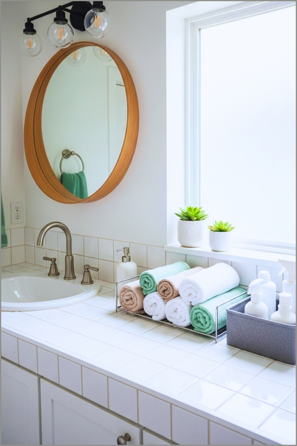 Bright Bathroom Countertop With White Square Tiles