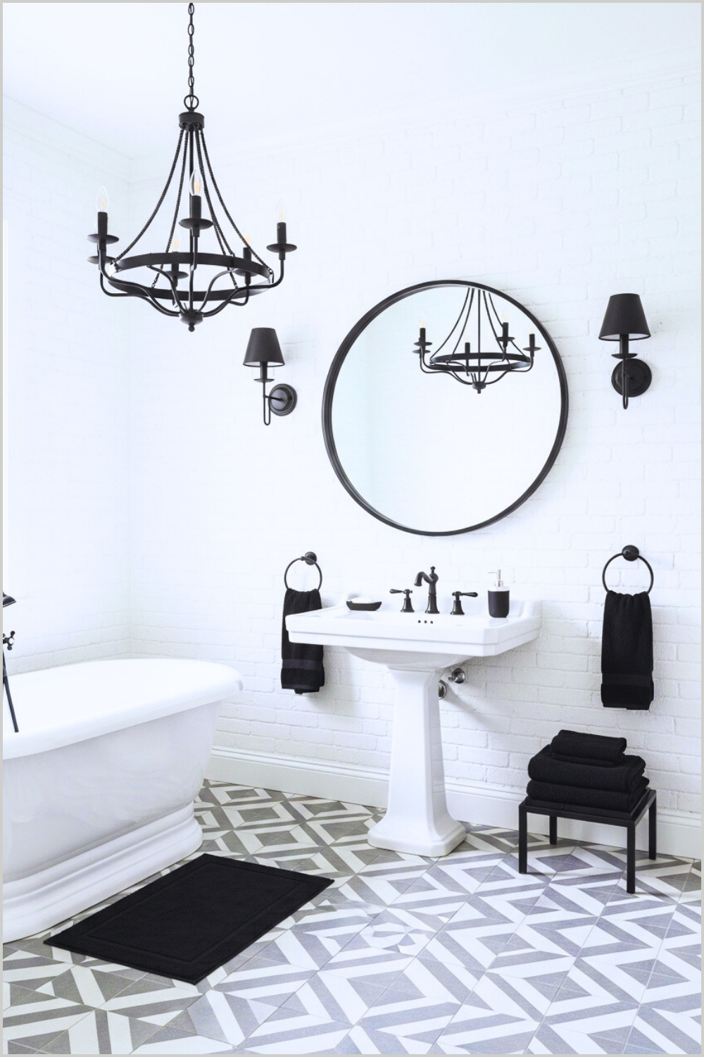 Bright Bathroom With White Brick Walls, Black Chandelier And Wall Sconce