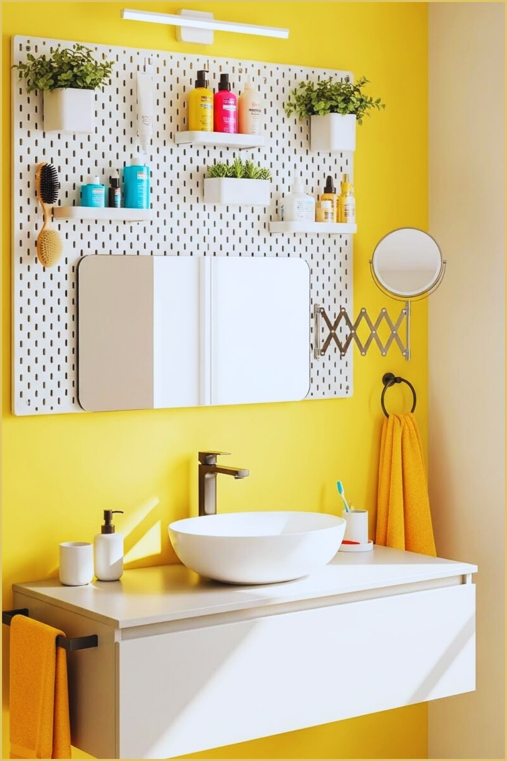 Bright Bathroom With Yellow Accent Wall, Large White Pegboard