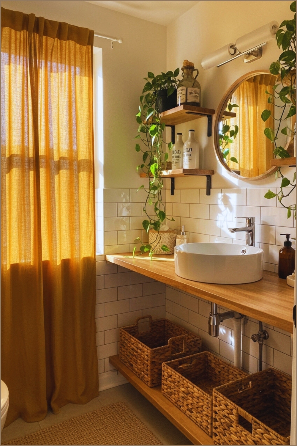 Bright Boho Bathroom, White Subway Tiles, Mustard Yellow Curtain