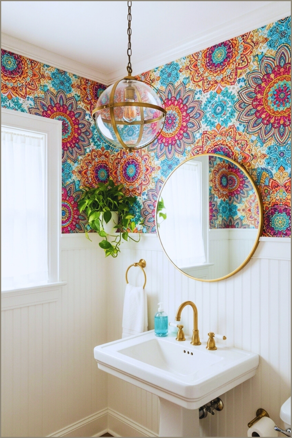 Bright Boho Powder Room, Colorful Mandala Floral Wallpaper