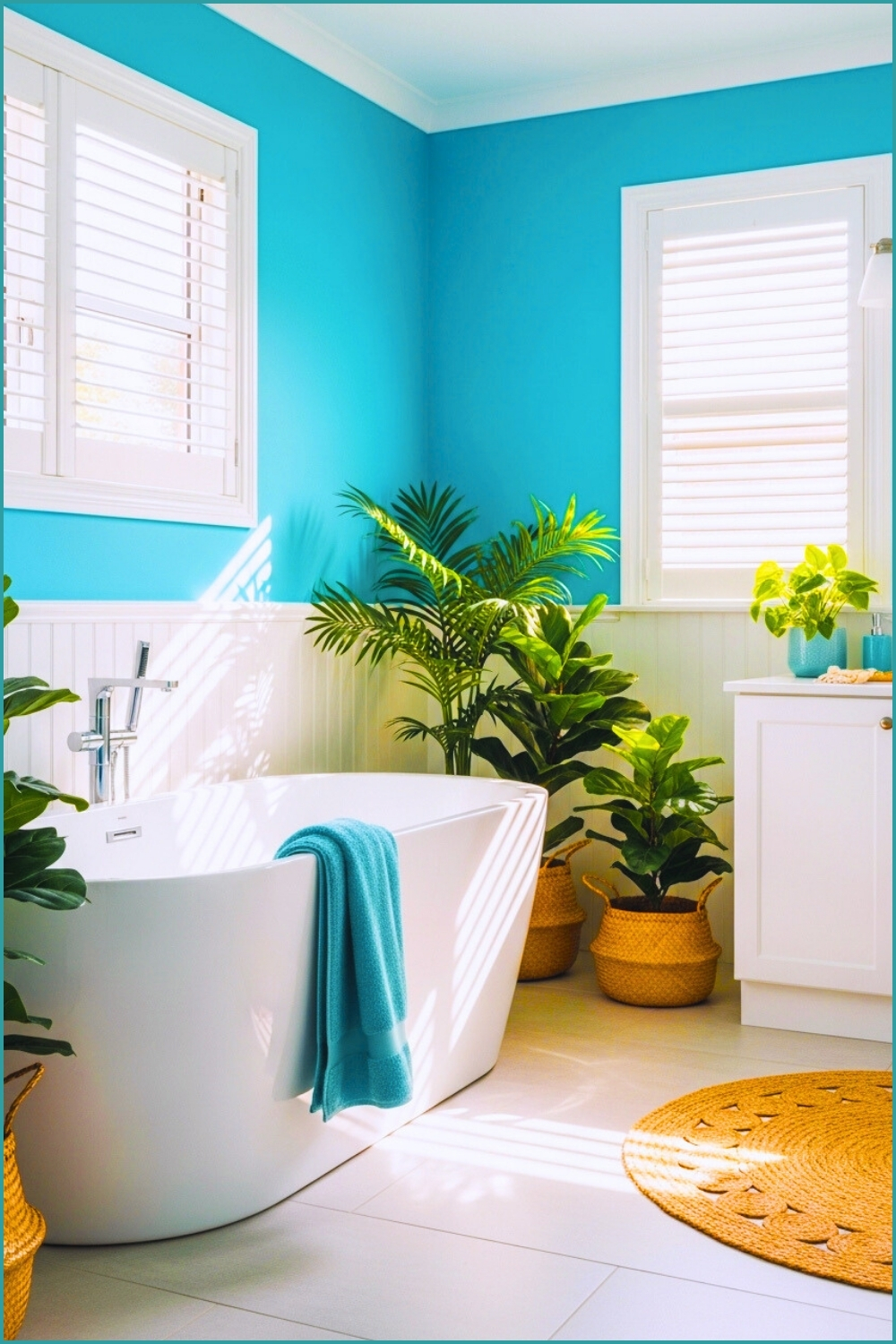 Bright Coastal Bathroom With A Sleek White Freestanding Tub