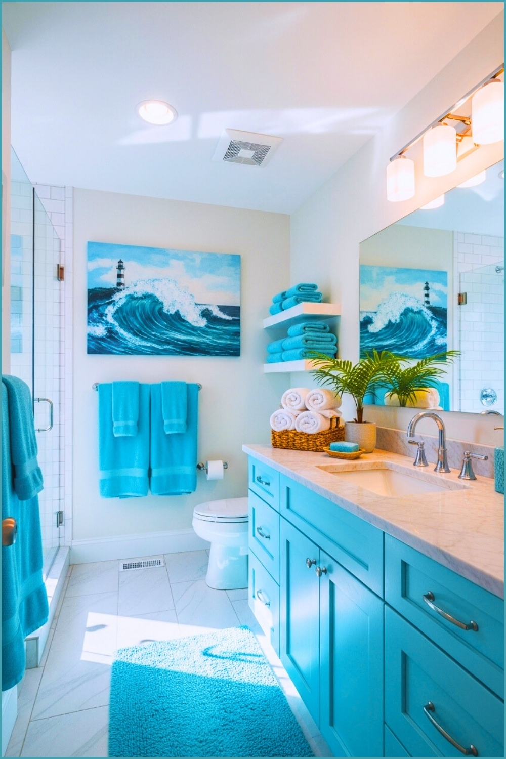 Bright Coastal Style Bathroom With Vibrant Turquoise Cabinetry