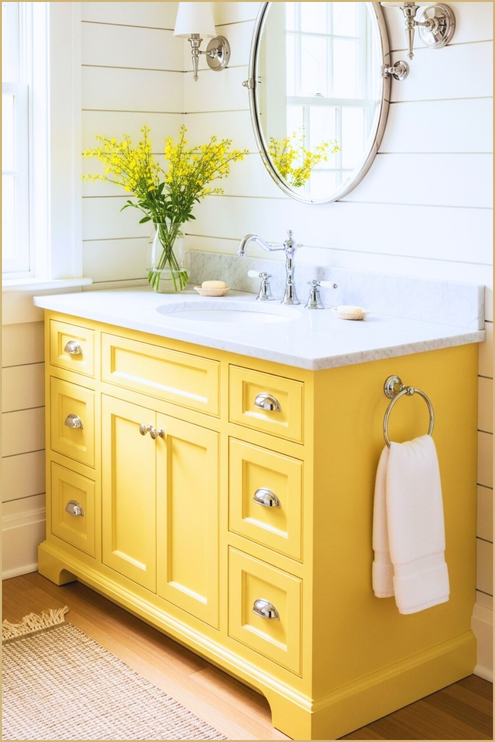 Bright Cottage-style Bathroom, Vibrant Yellow Vanity Cabinet