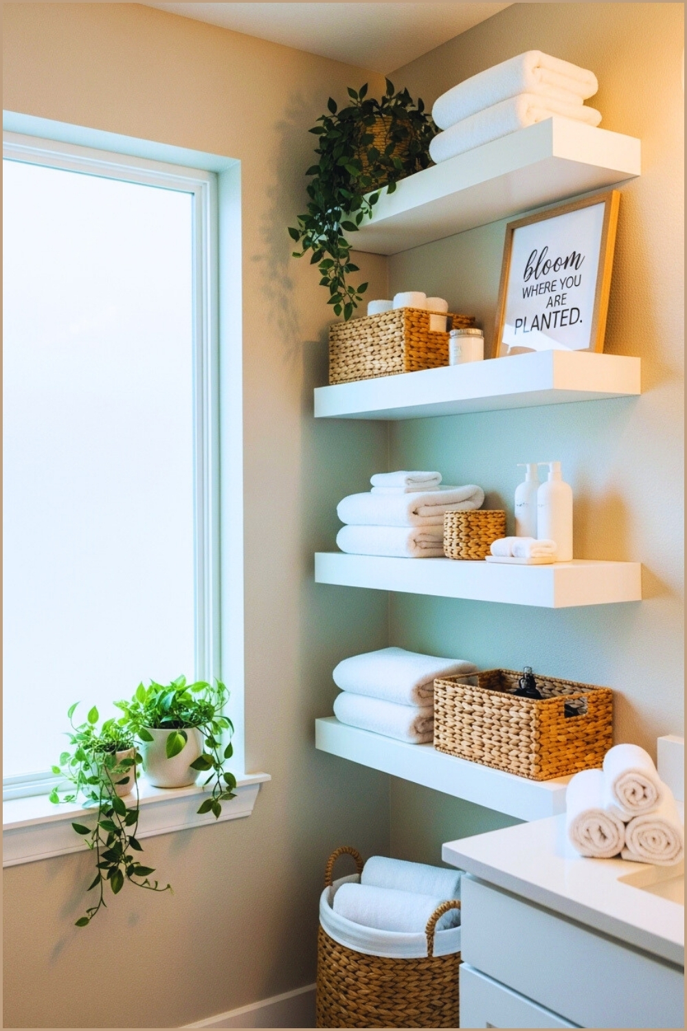 Bright Cozy Bathroom Corner With Floating White Shelves