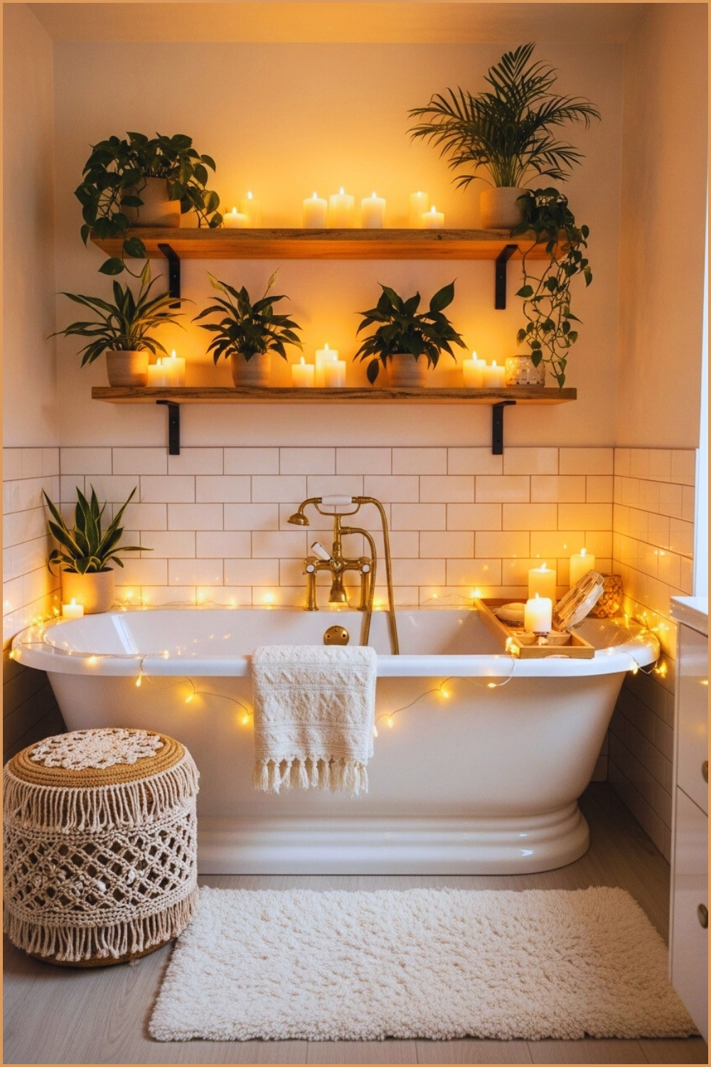 Bright Cozy Bathroom Styled With Warm Fairy Lights Strung Above A Freestanding