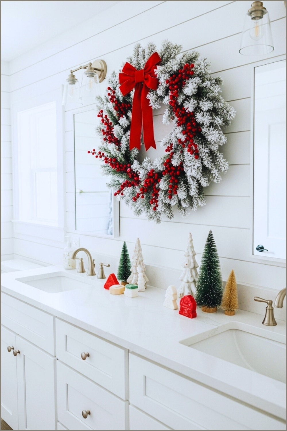 Bright Farmhouse Bathroom, Large Snowy Pine Wreath With Red Berries