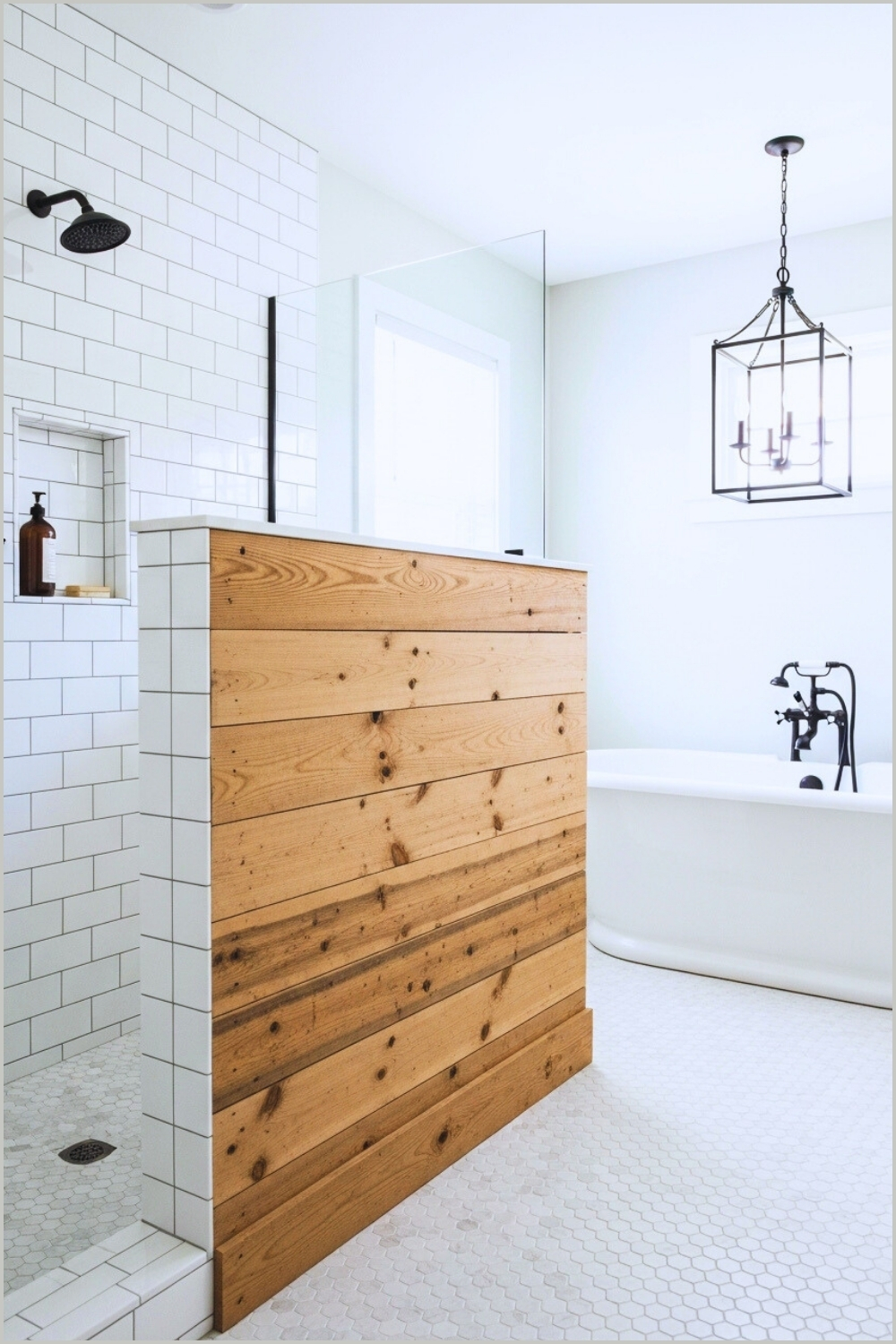 Bright Farmhouse Bathroom With Subway Tile Shower