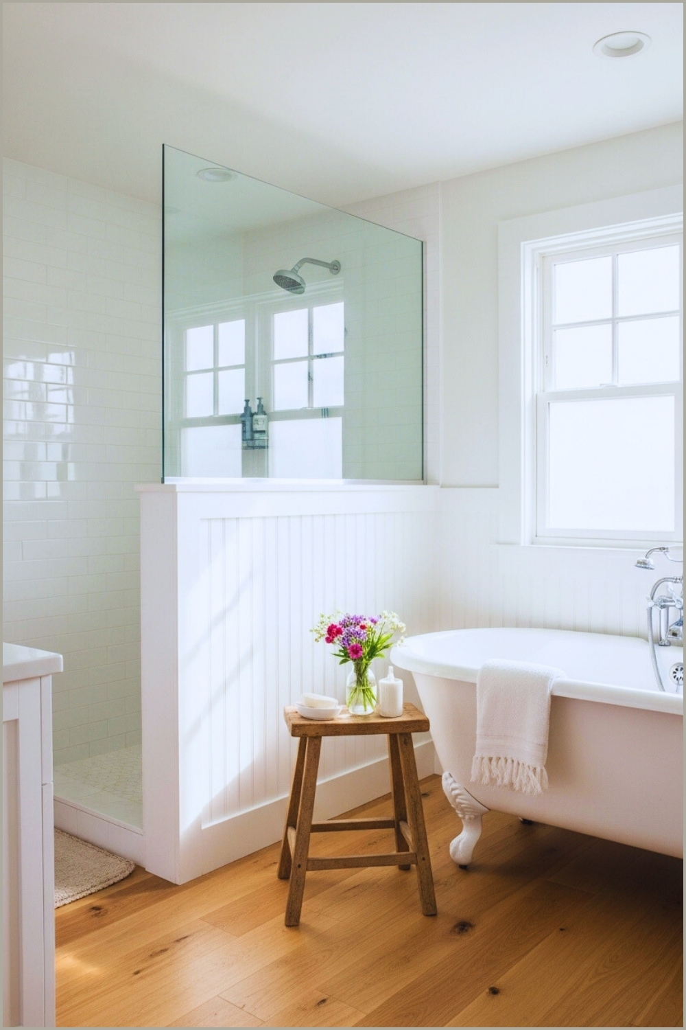 Bright Farmhouse Bathroom With Wood Flooring, White Paneled Half Wall