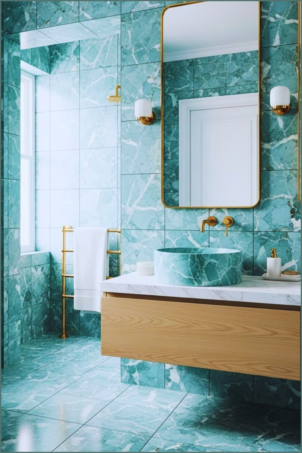Bright Luxury Bathroom Clad In Aquamarine Marble Tiles