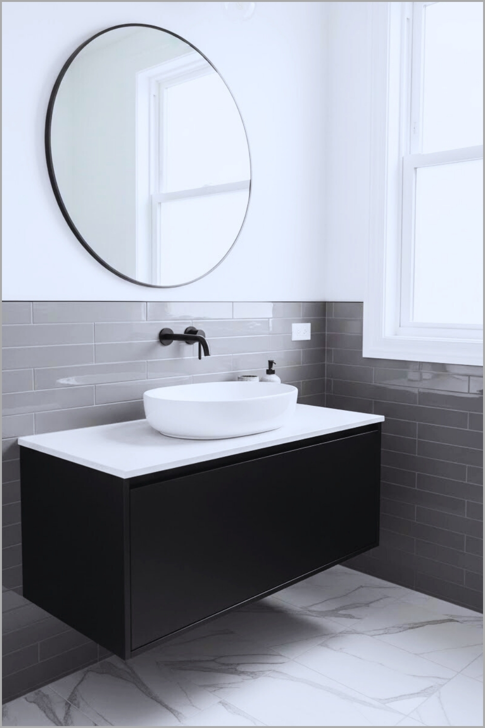 Bright Minimal Bathroom With Matte Black Floating Vanity