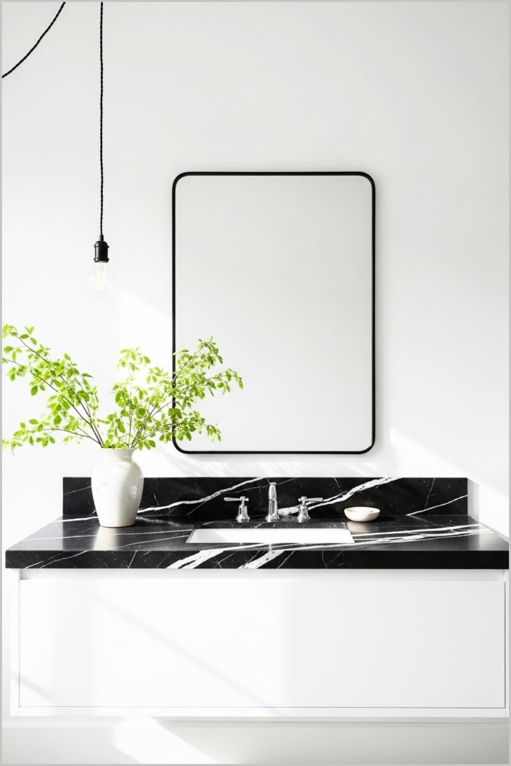Bright Minimal White Bathroom With Floating White Vanity