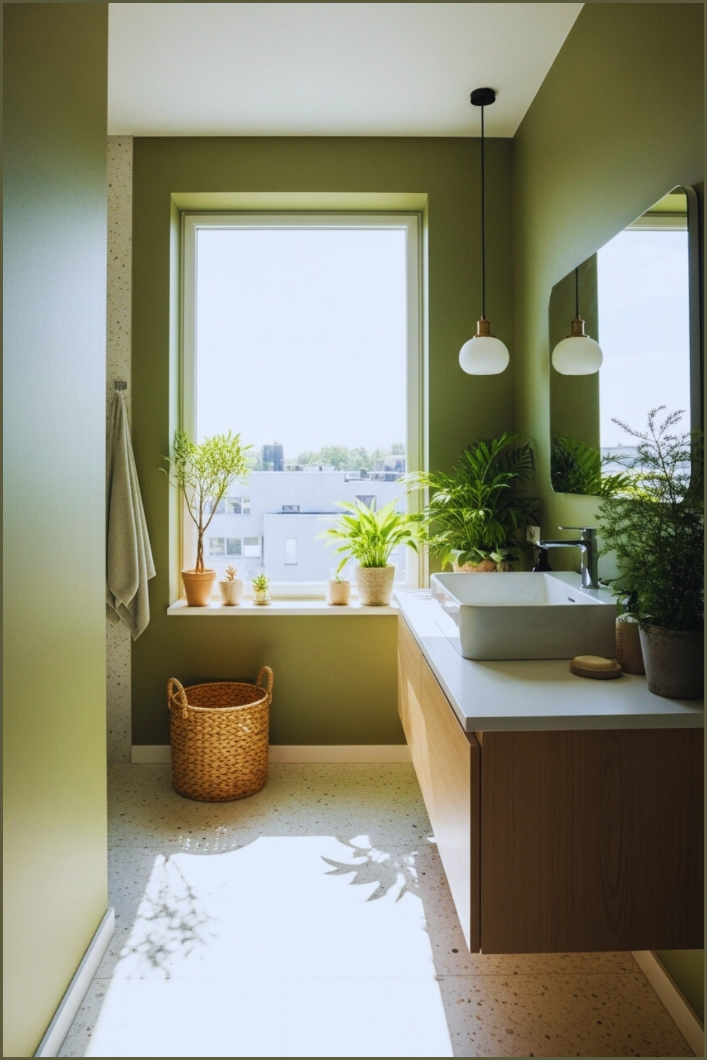 Bright Minimalist Bathroom With Olive Green Walls