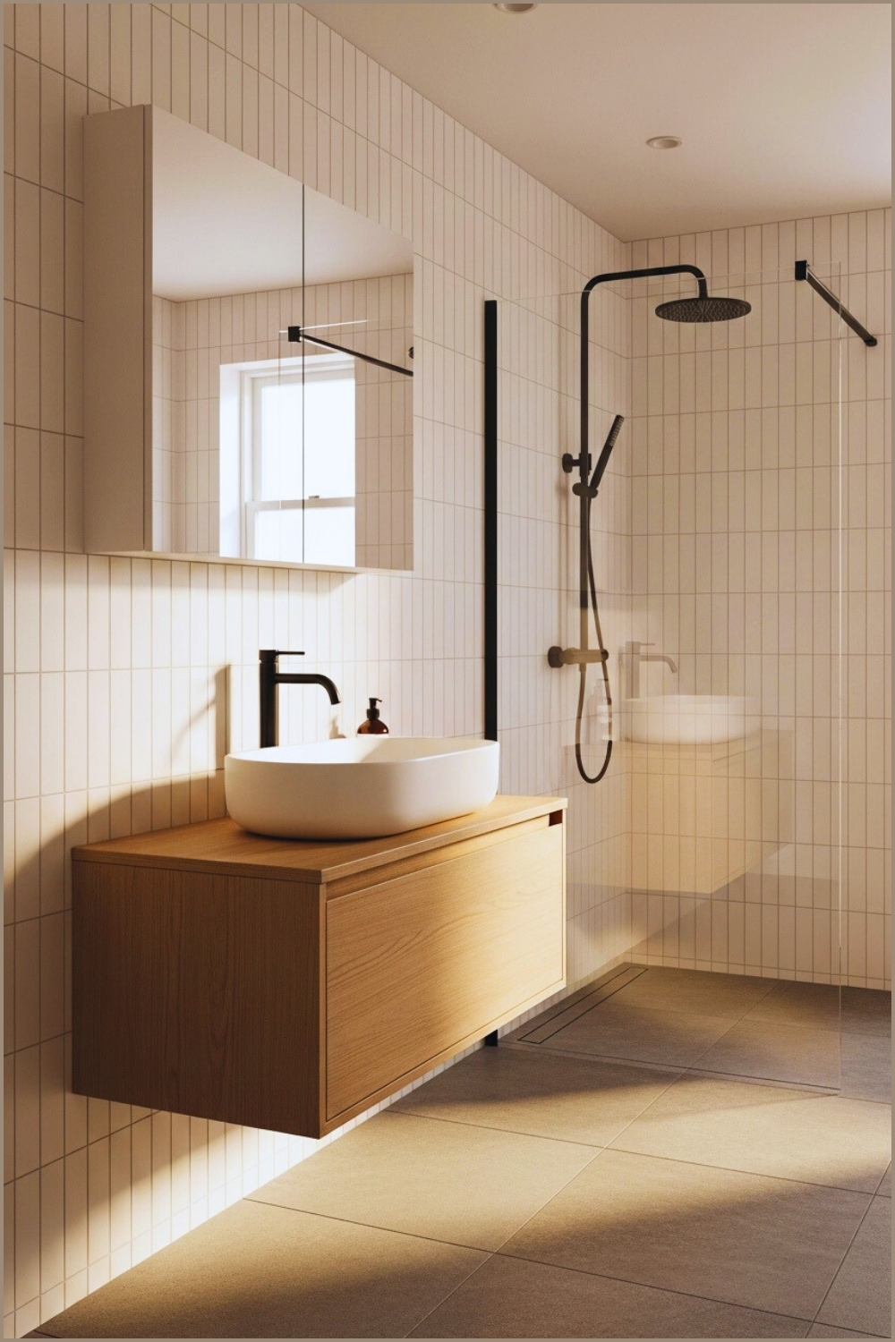 Bright Minimalist Bathroom With Vertical White Tile Walls