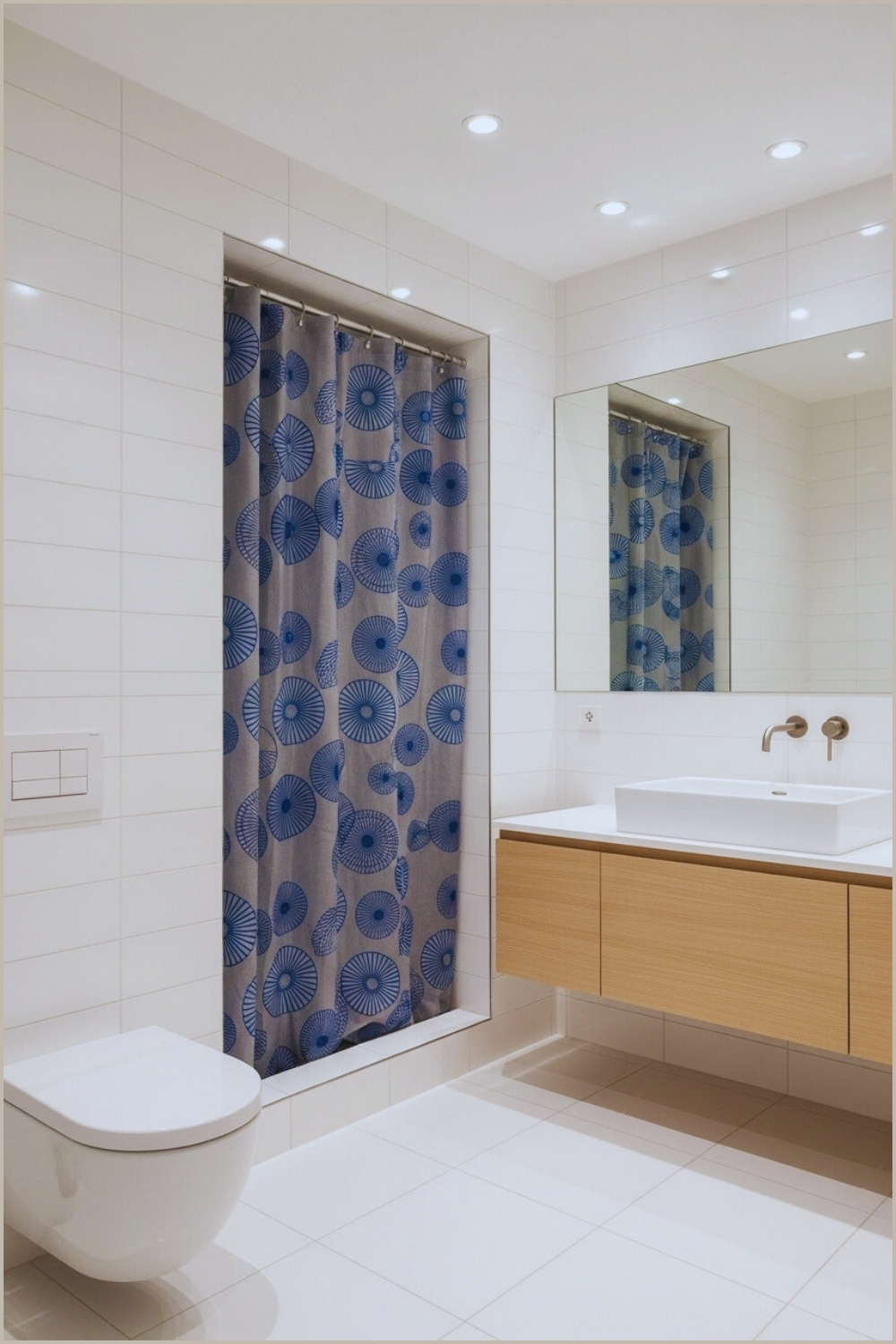 Bright Minimalist Bathroom With White Tile, Gray Shower Curtain Featuring